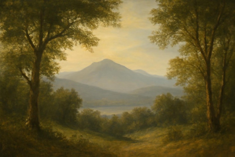 Distant mountain view with framed foreground trees and soft light.